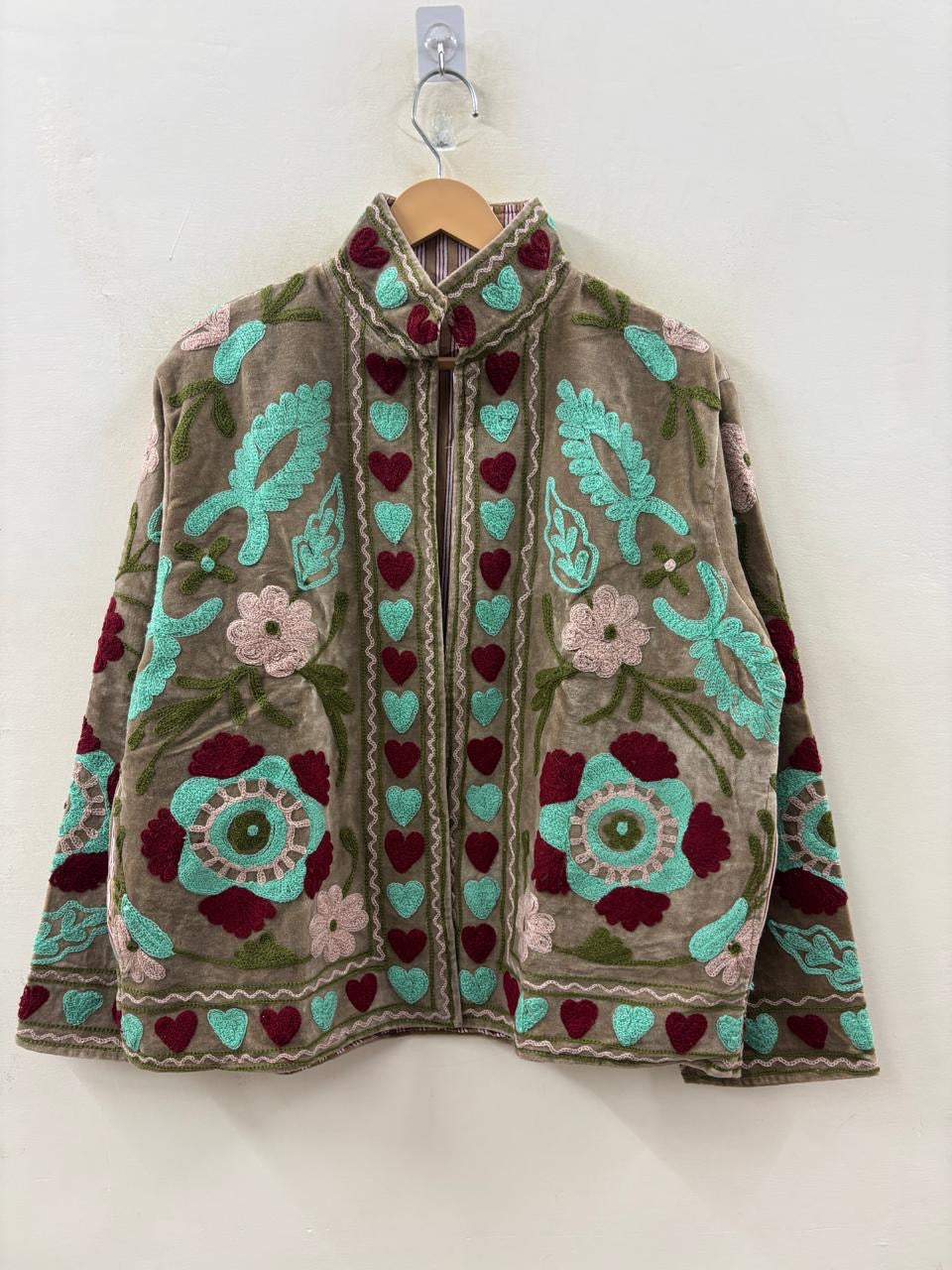 The Heart Garden — Suzani Hand-Embroidered Velvet Jacket | Dusty Taupe, Turquoise & Burgundy