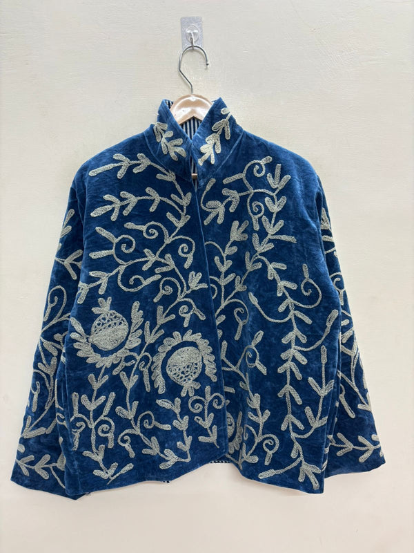 The Anar Bagh — Suzani-Embroidered Velvet Jacket — Peacock Teal with Ivory Vinework