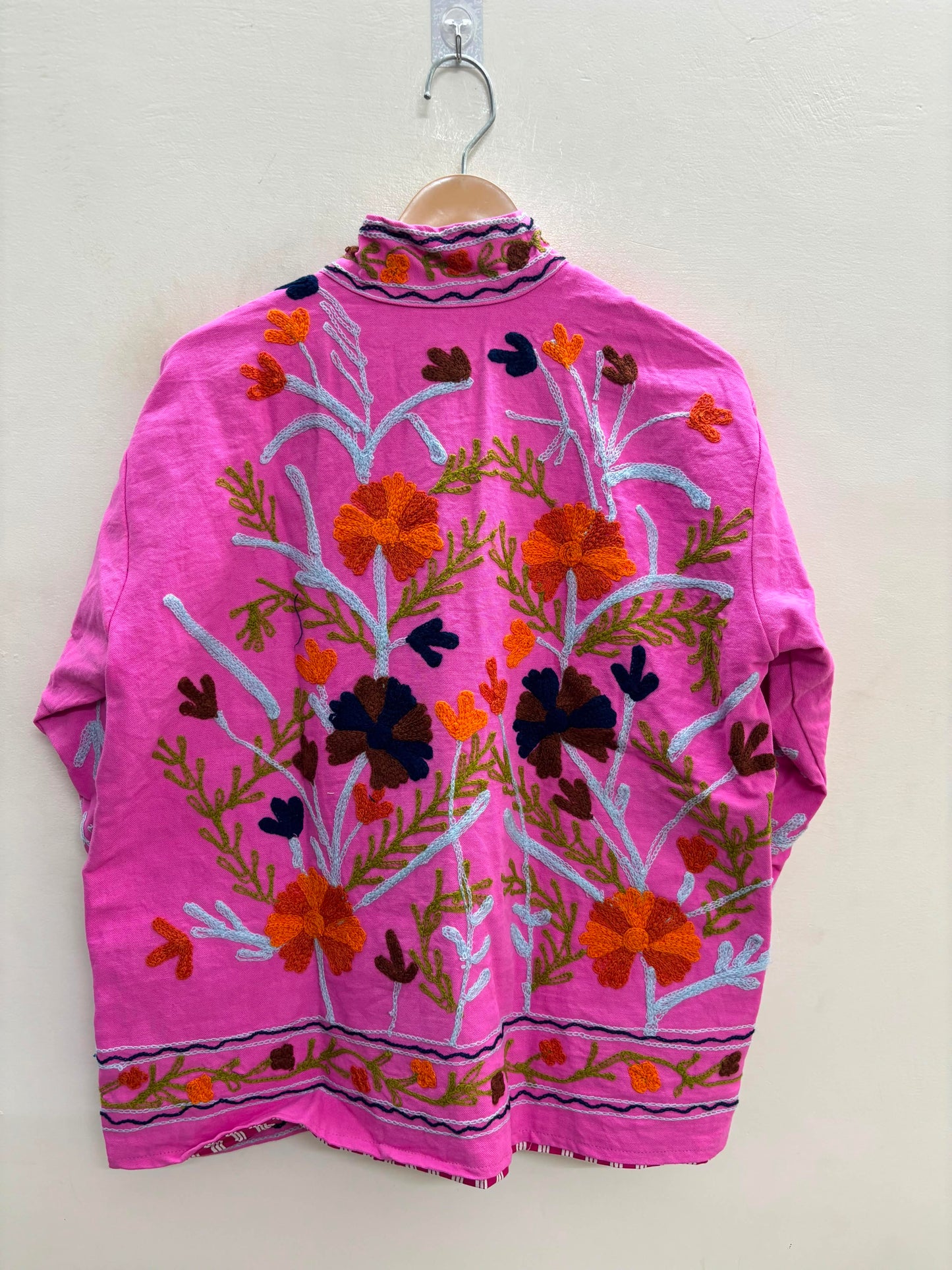 The Marigold Bloom — Suzani Embroidered Cotton Jacket — Fuchsia Pink