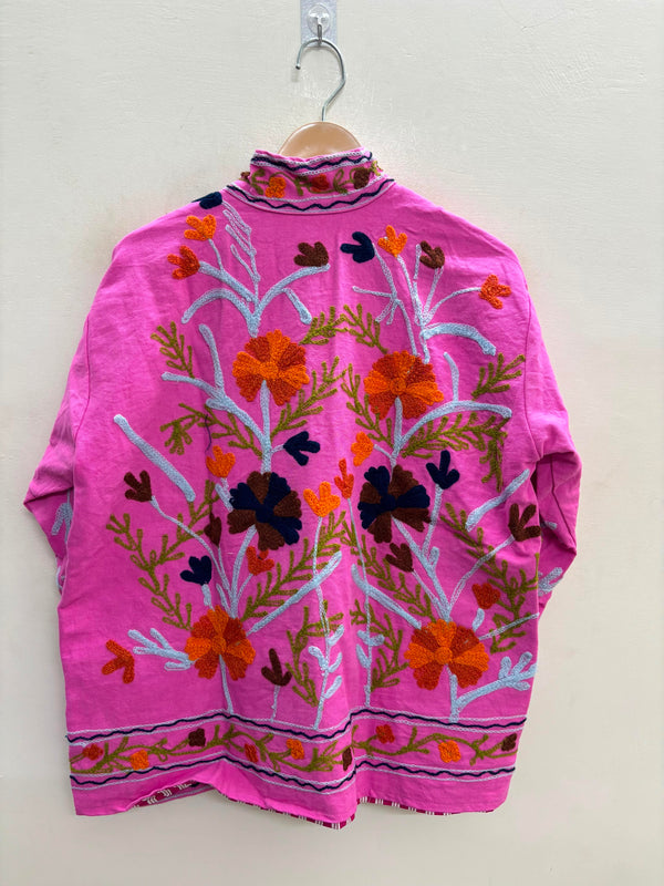 The Marigold Bloom — Suzani Embroidered Cotton Jacket — Fuchsia Pink