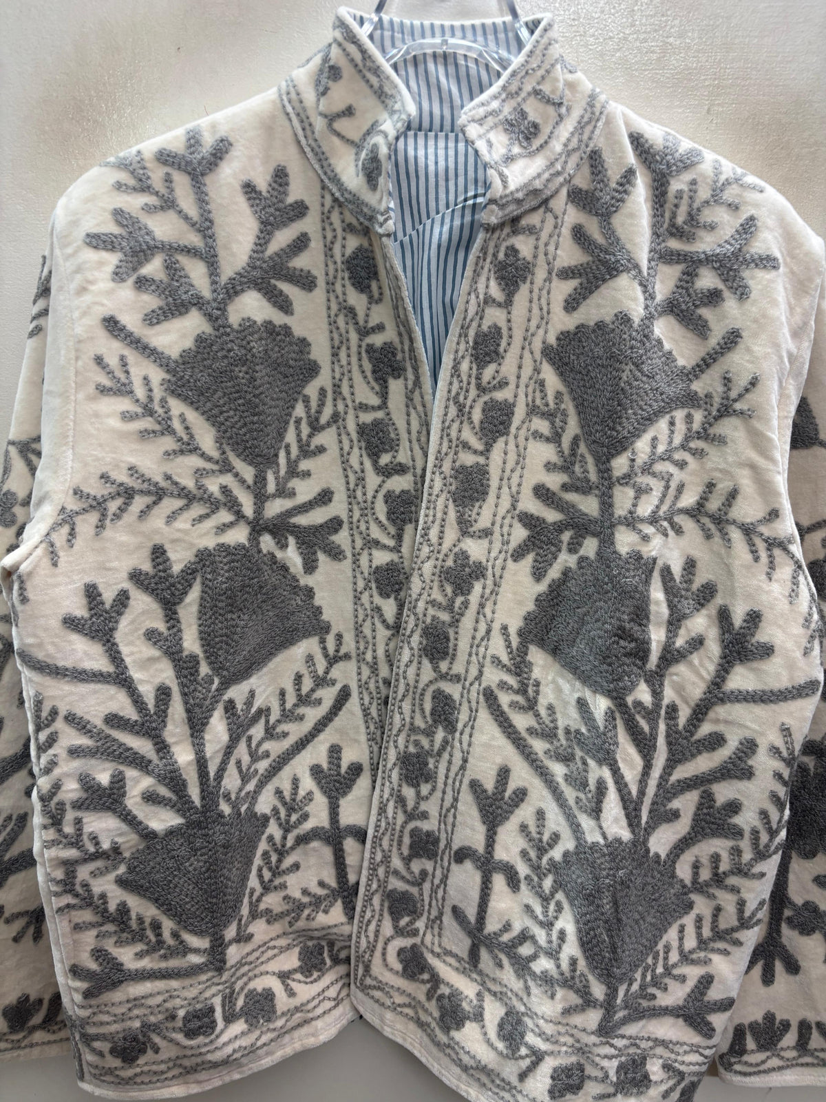 The Kashida Snowfield — Suzani Hand-Embroidered Velvet Jacket — Ivory with Dove Grey Florals