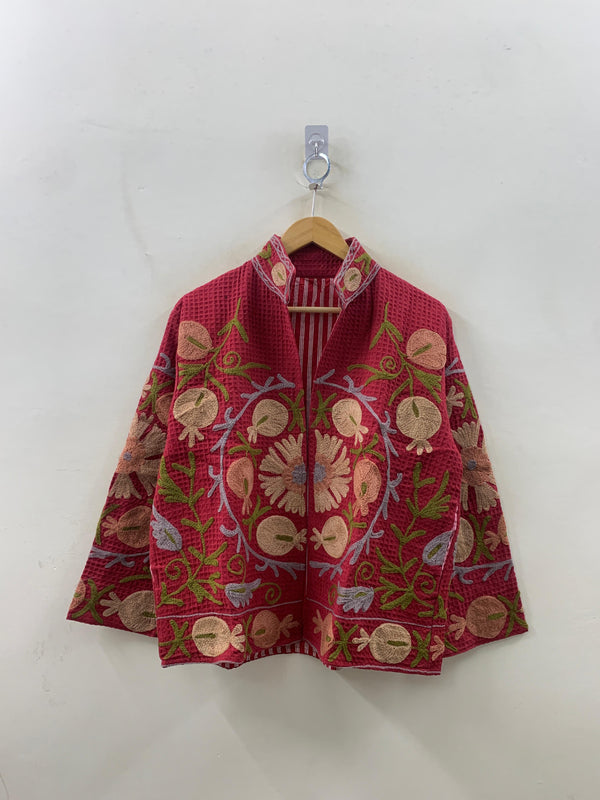 The Crimson Suzani — Peach Edition — Hand-Embroidered Waffle Cotton Jacket - Default Title - Zoshak