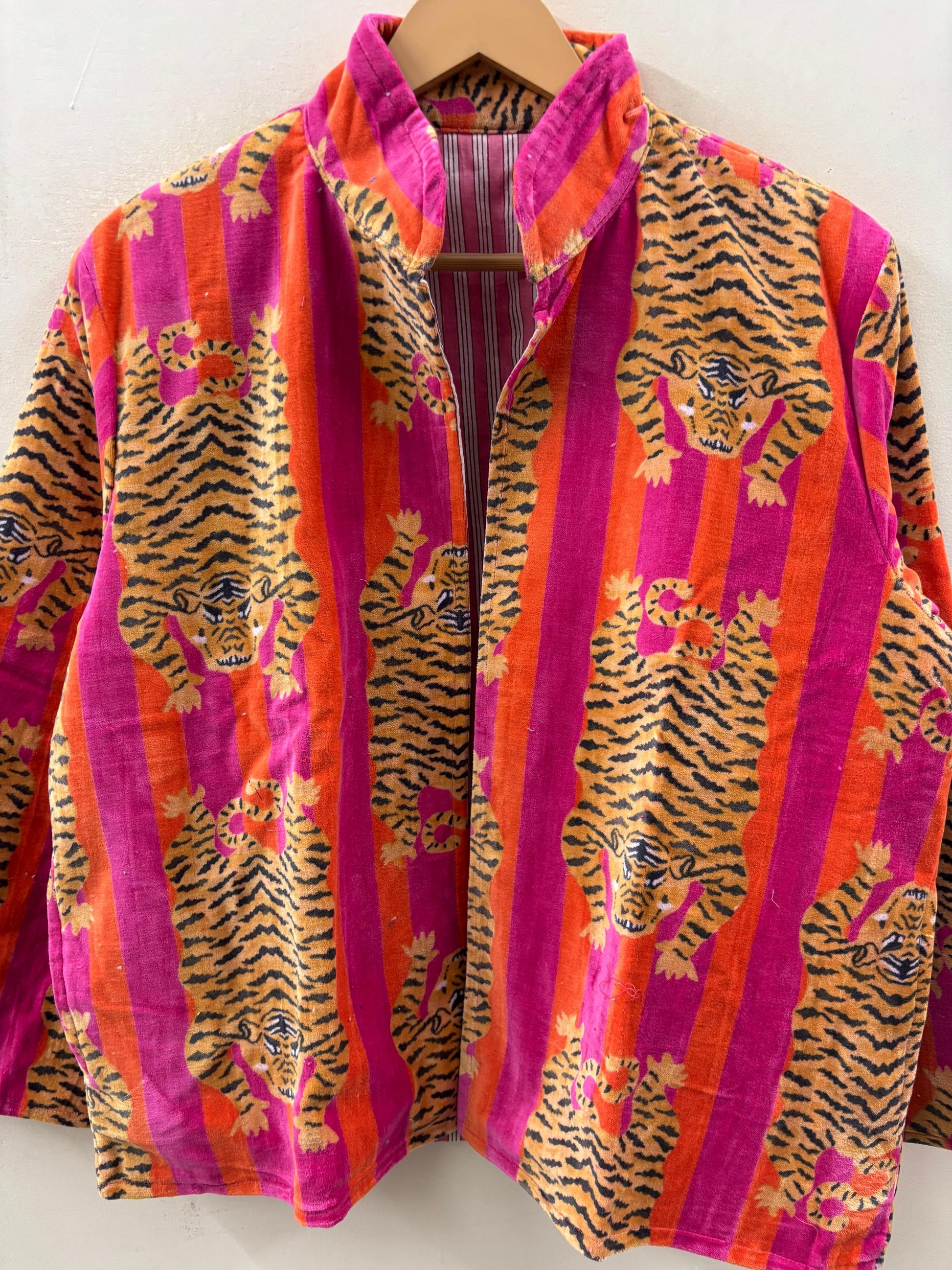 The Bengal Stripe — Block Printed Velvet Jacket — Fuchsia, Flame & Tiger Gold - Default Title - Zoshak Jacket
