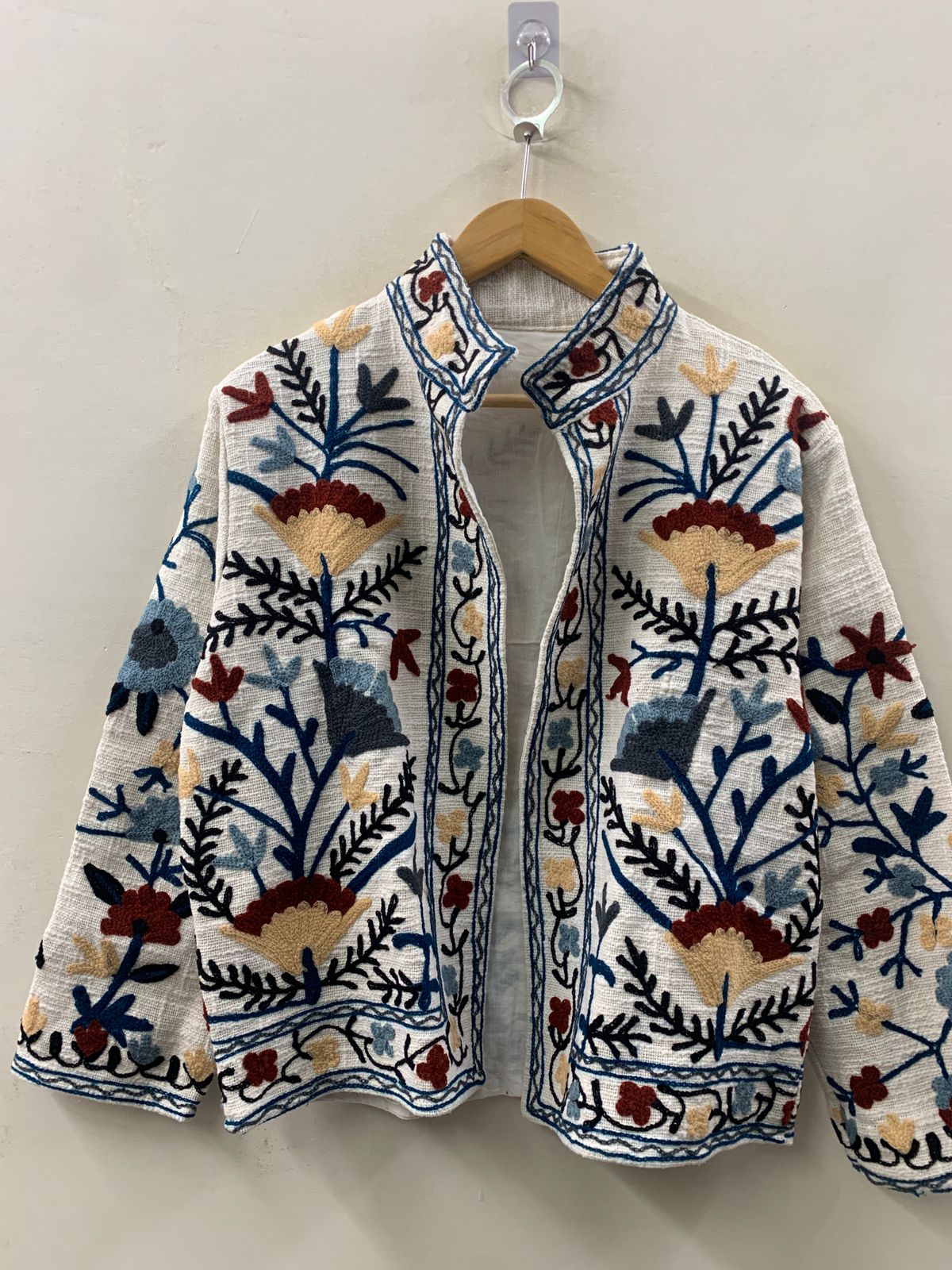 The Garden of Wandering Vines — Suzani-Inspired Chain Stitch Cotton Jacket — Ivory & Indigo - Default Title - Zoshak Jacket