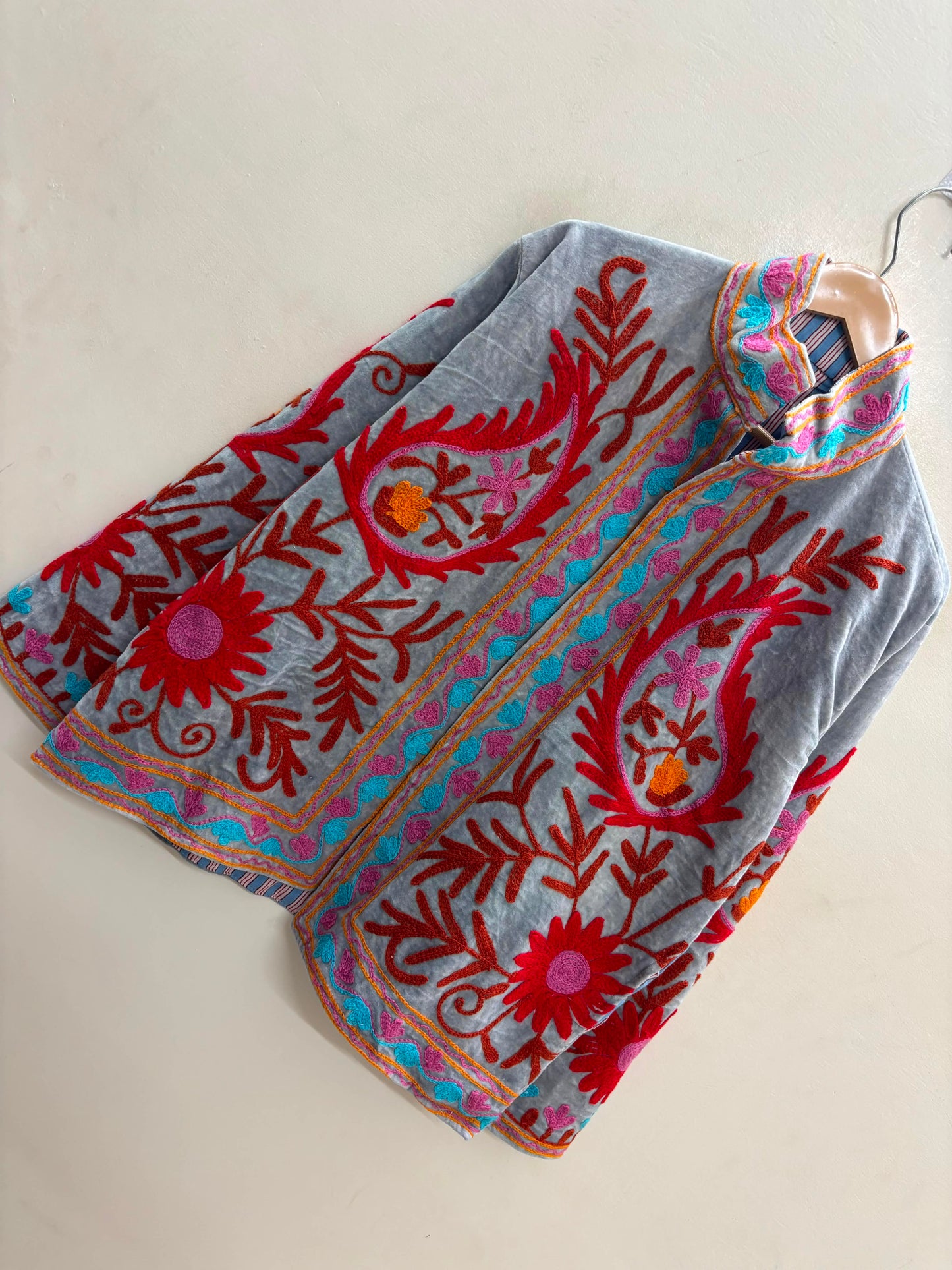The Samarkand Bloom — Suzani Embroidered Velvet Jacket — Slate Grey with Crimson & Turquoise