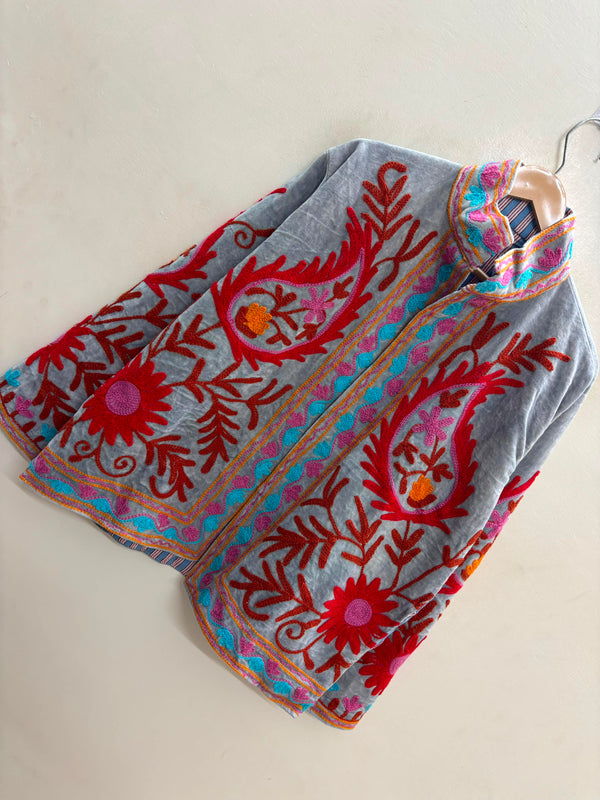 The Samarkand Bloom — Suzani Embroidered Velvet Jacket — Slate Grey with Crimson & Turquoise