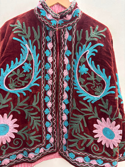 The Zafar Bloom — Suzani Embroidered Velvet Jacket — Brick Maroon with Turquoise & Rose