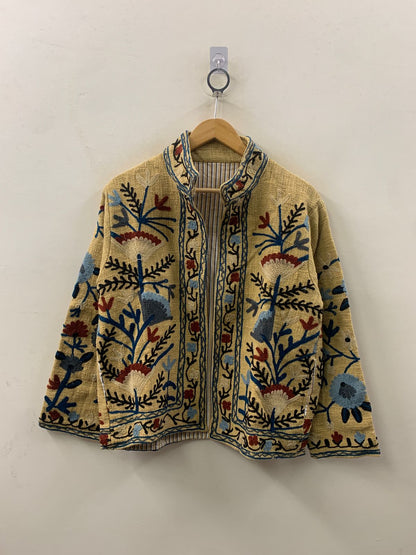 The Saffron Garden — Chainstitch Cotton Jacket — Dusty Mustard & Indigo - Default Title - Zoshak Jacket