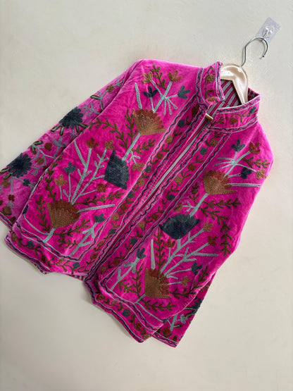The Rani Bloom — Suzani Embroidered Velvet Jacket — Fuchsia Pink