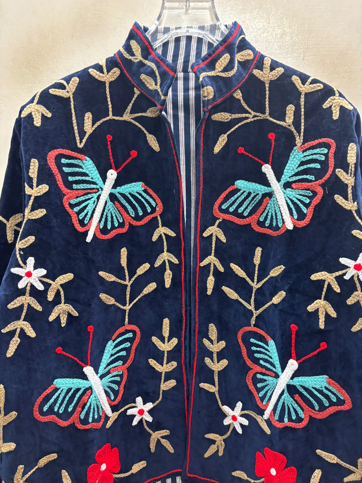 The Titli Bagh — Suzani Hand-Embroidered Velvet Jacket — Midnight Navy with Turquoise Butterflies & Gold Vines