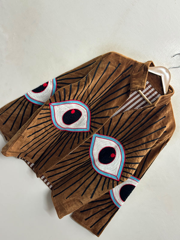 The Netra Sunburst — Hand-Embroidered Velvet Jacket — Cognac Brown with Turquoise Eye Motifs