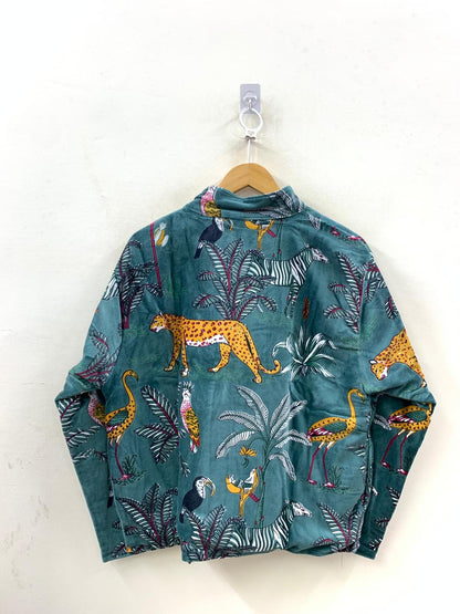 The Jungle Durbar — Block Printed Velvet Jacket — Teal & Saffron - Default Title - Zoshak Jacket