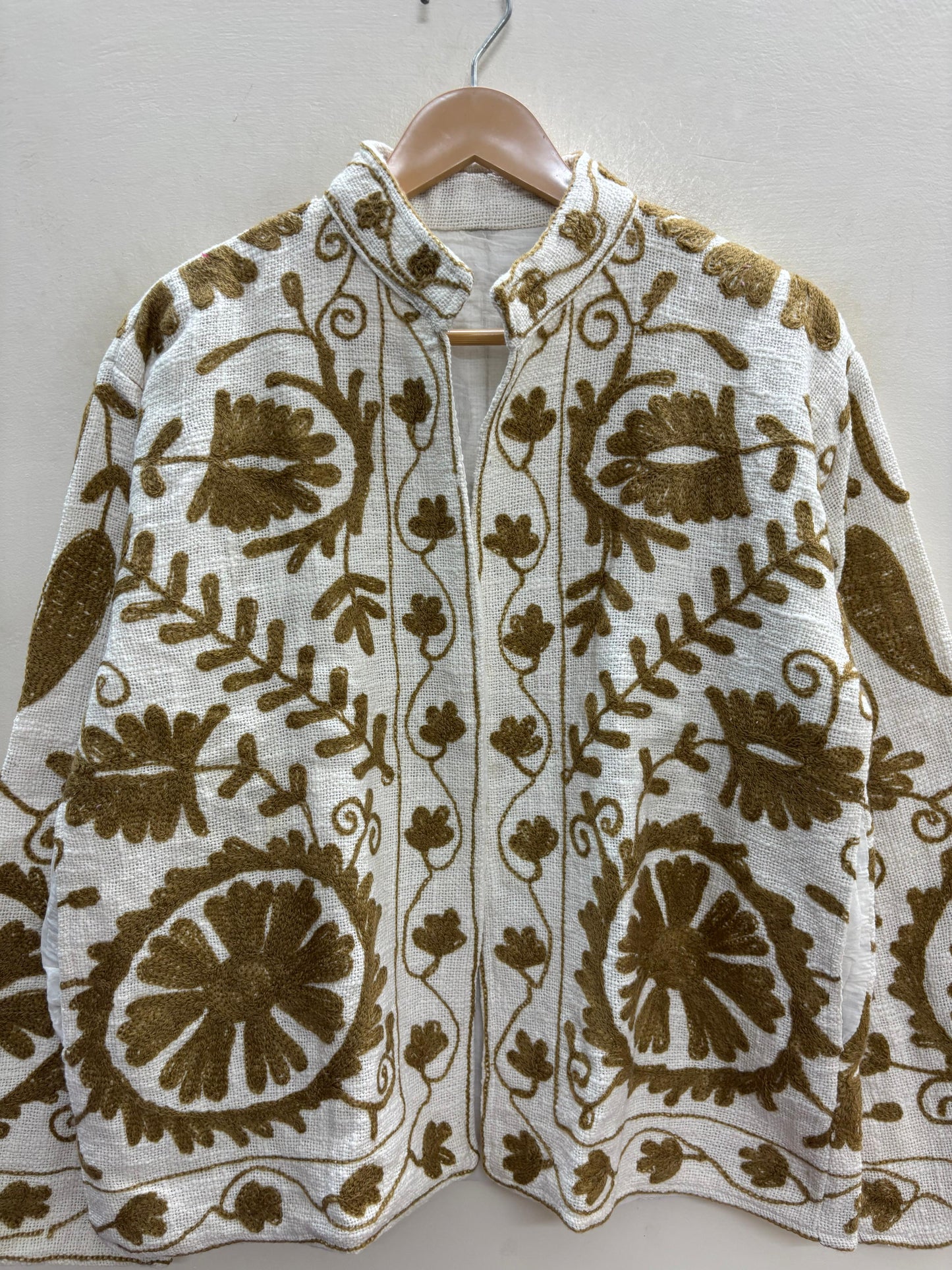 The Bibi Marigold — Suzani Hand-Embroidered Cotton Jacket — Ivory & Olive Gold
