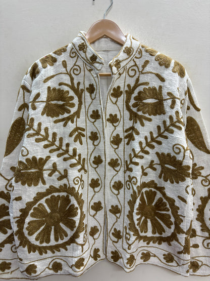 The Bibi Marigold — Suzani Hand-Embroidered Cotton Jacket — Ivory & Olive Gold