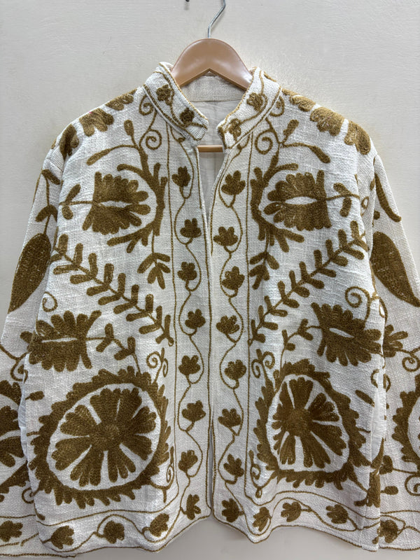 The Bibi Marigold — Suzani Hand-Embroidered Cotton Jacket — Ivory & Olive Gold