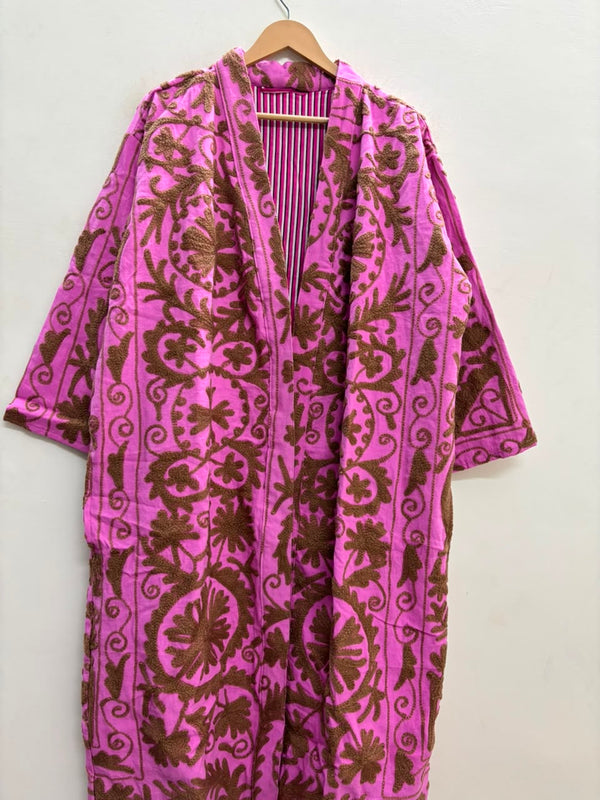 The Orchid Vine — Suzani Embroidered Cotton Jacket — Fuchsia Pink & Umber Brown