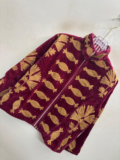 The Machli Bagh — Suzani Hand-Embroidered Velvet Jacket — Deep Maroon with Golden Fish & Palm Motifs