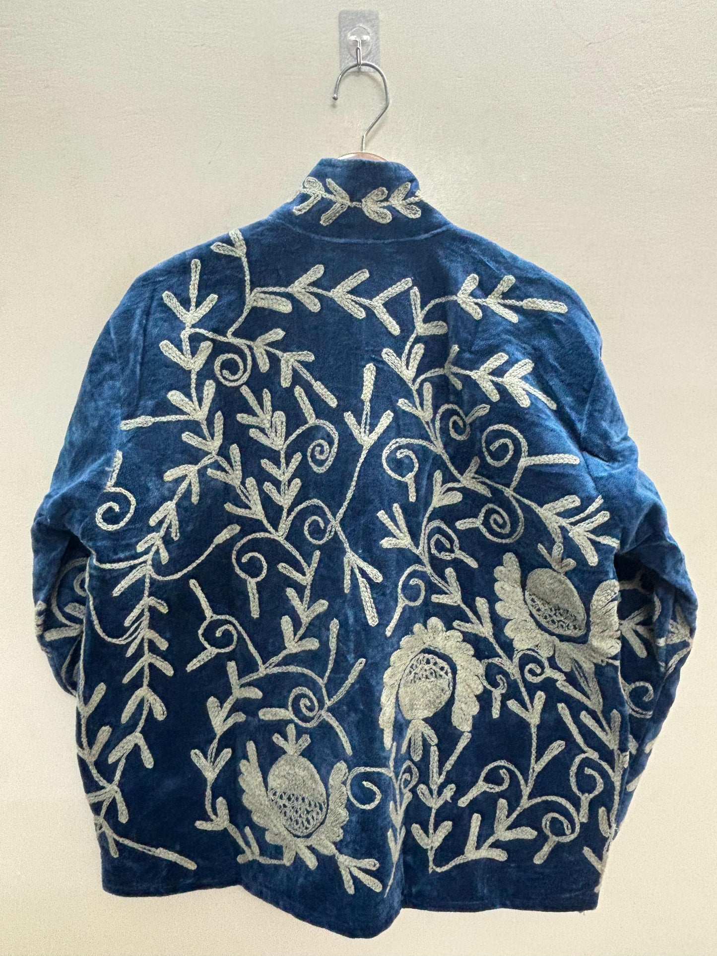 The Anar Bagh — Suzani-Embroidered Velvet Jacket — Peacock Teal with Ivory Vinework