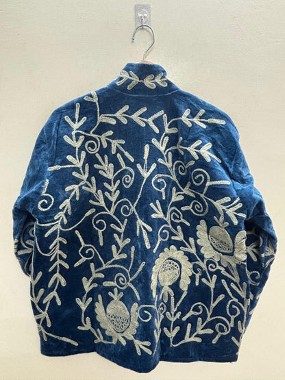The Anar Bagh — Suzani-Embroidered Velvet Jacket — Peacock Teal with Ivory Vinework