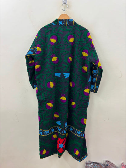 The Samarkand Bloom — Suzani Embroidered Cotton Kimono — Charcoal Grey with Crimson Florals