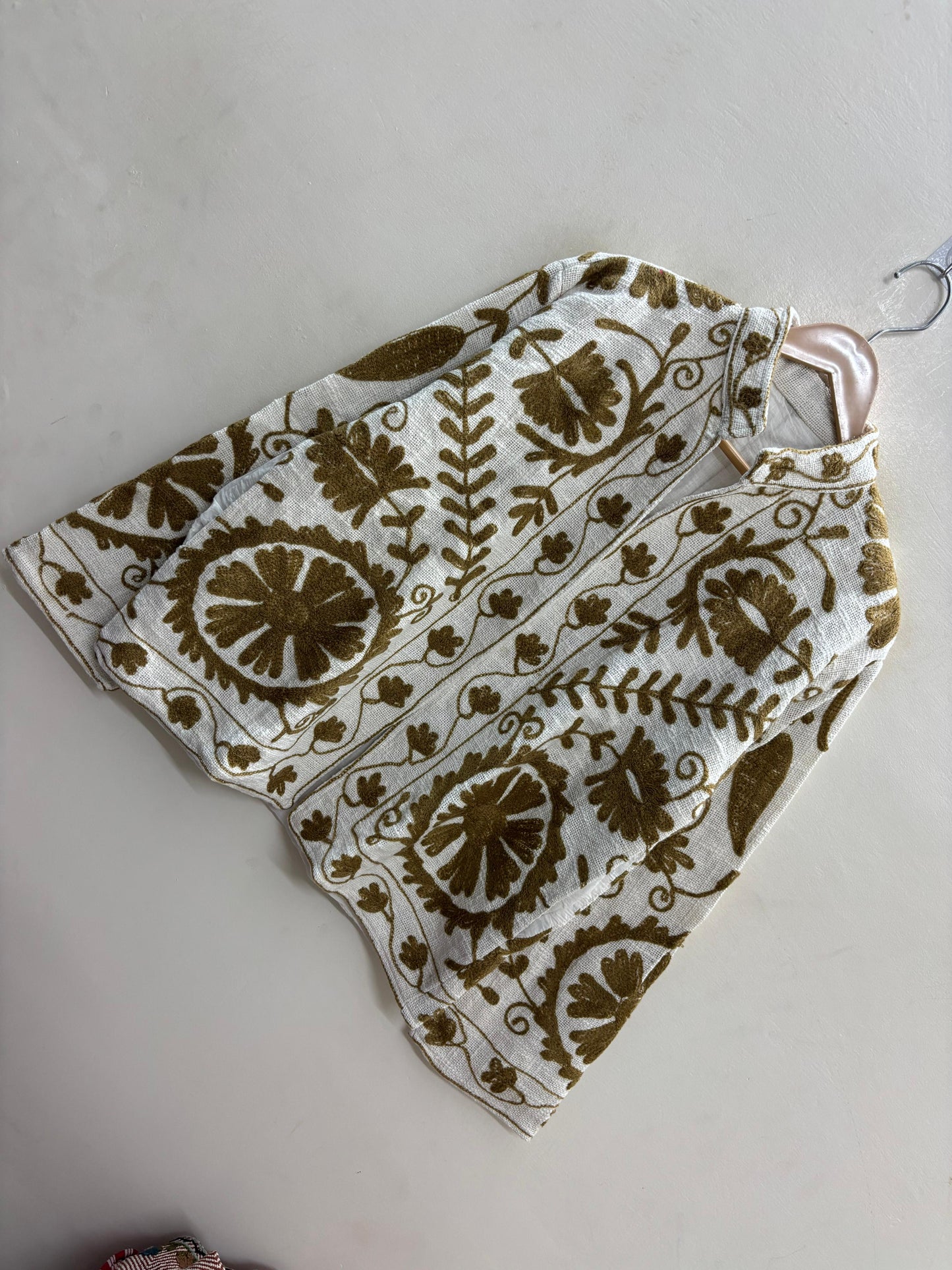 The Bibi Marigold — Suzani Hand-Embroidered Cotton Jacket — Ivory & Olive Gold