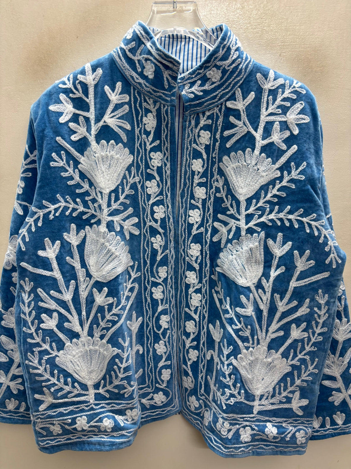 The Snowvine Thicket — Suzani Hand-Embroidered Velvet Jacket — Denim Blue with Ivory Floral Vinework