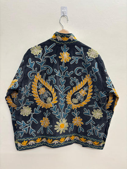 The Samarkand Night — Suzani Velvet Jacket — Midnight Black with Saffron & Teal