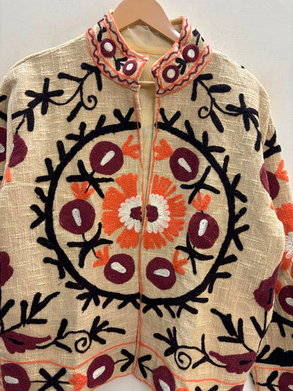 The Anaar Bagh — Suzani Embroidered Cotton Jacket — Ivory with Maroon & Marigold Blooms