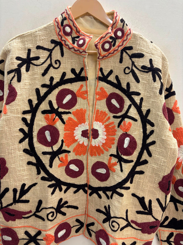 The Anaar Bagh — Suzani Embroidered Cotton Jacket — Ivory with Maroon & Marigold Blooms