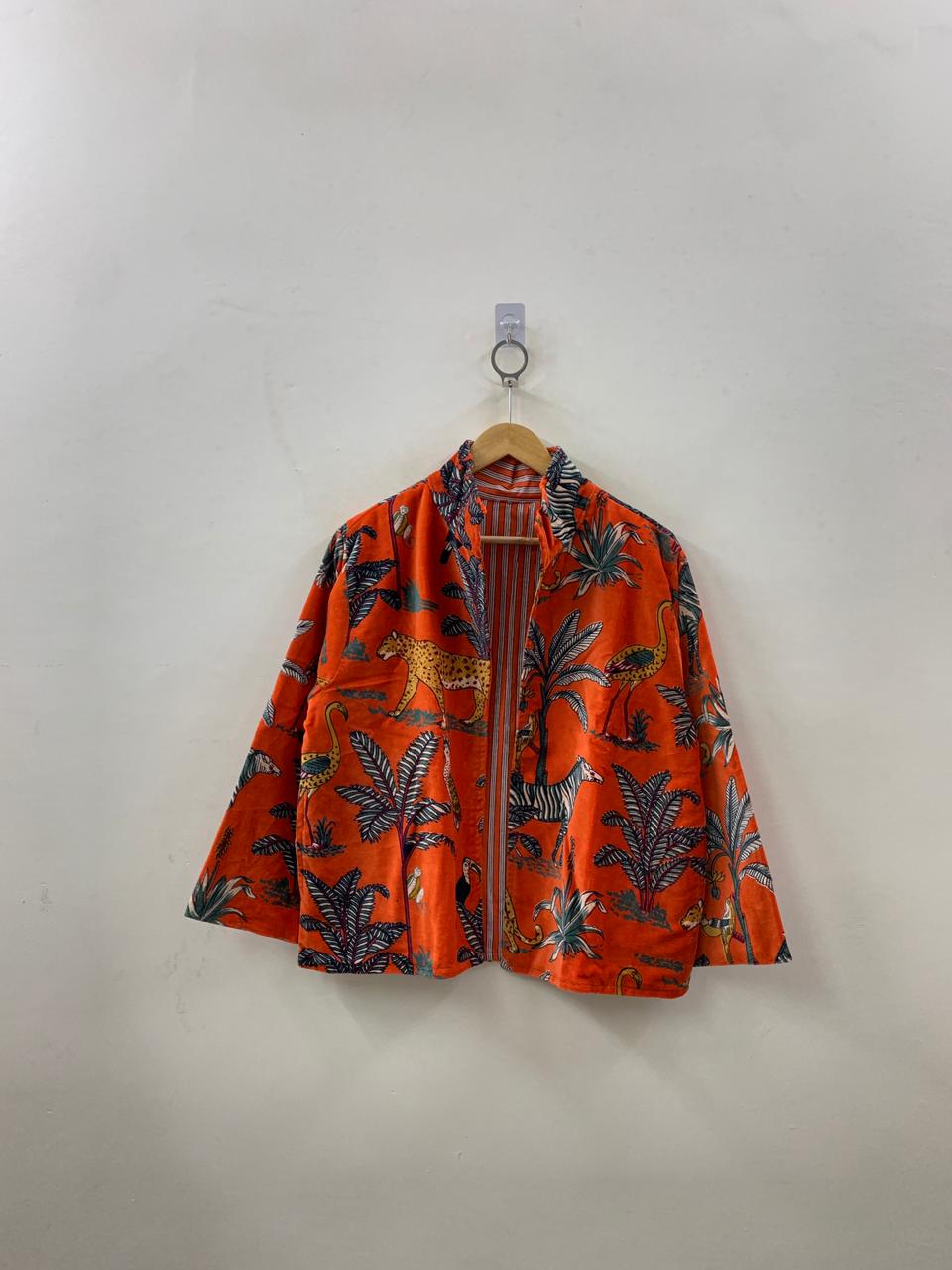 The Savanna Dusk — Block Printed Velvet Jacket — Burnt Tangerine - Default Title - Zoshak Jacket