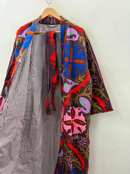 The Samarkand Bloom — Suzani Hand-Embroidered Cotton Kimono — Aubergine with Cobalt & Coral Florals