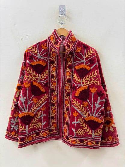The Marigold Bloom — Suzani Embroidered Velvet Jacket — Rosewood Red with Amber & Burgundy Florals