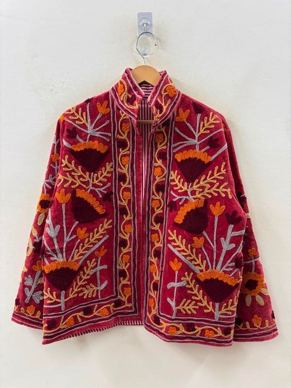 The Marigold Bloom — Suzani Embroidered Velvet Jacket — Rosewood Red with Amber & Burgundy Florals