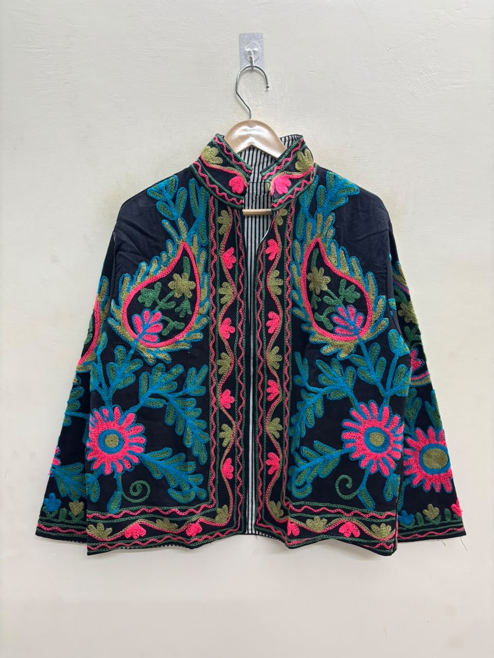 The Samarkand Bloom — Suzani Hand-Embroidered Cotton Jacket — Midnight Black with Teal, Fuchsia & Olive