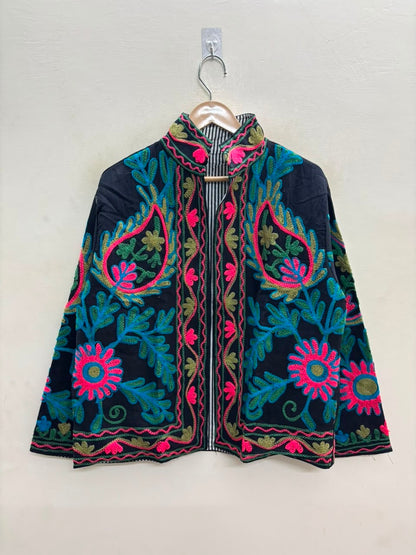 The Samarkand Bloom — Suzani Hand-Embroidered Cotton Jacket — Midnight Black with Teal, Fuchsia & Olive