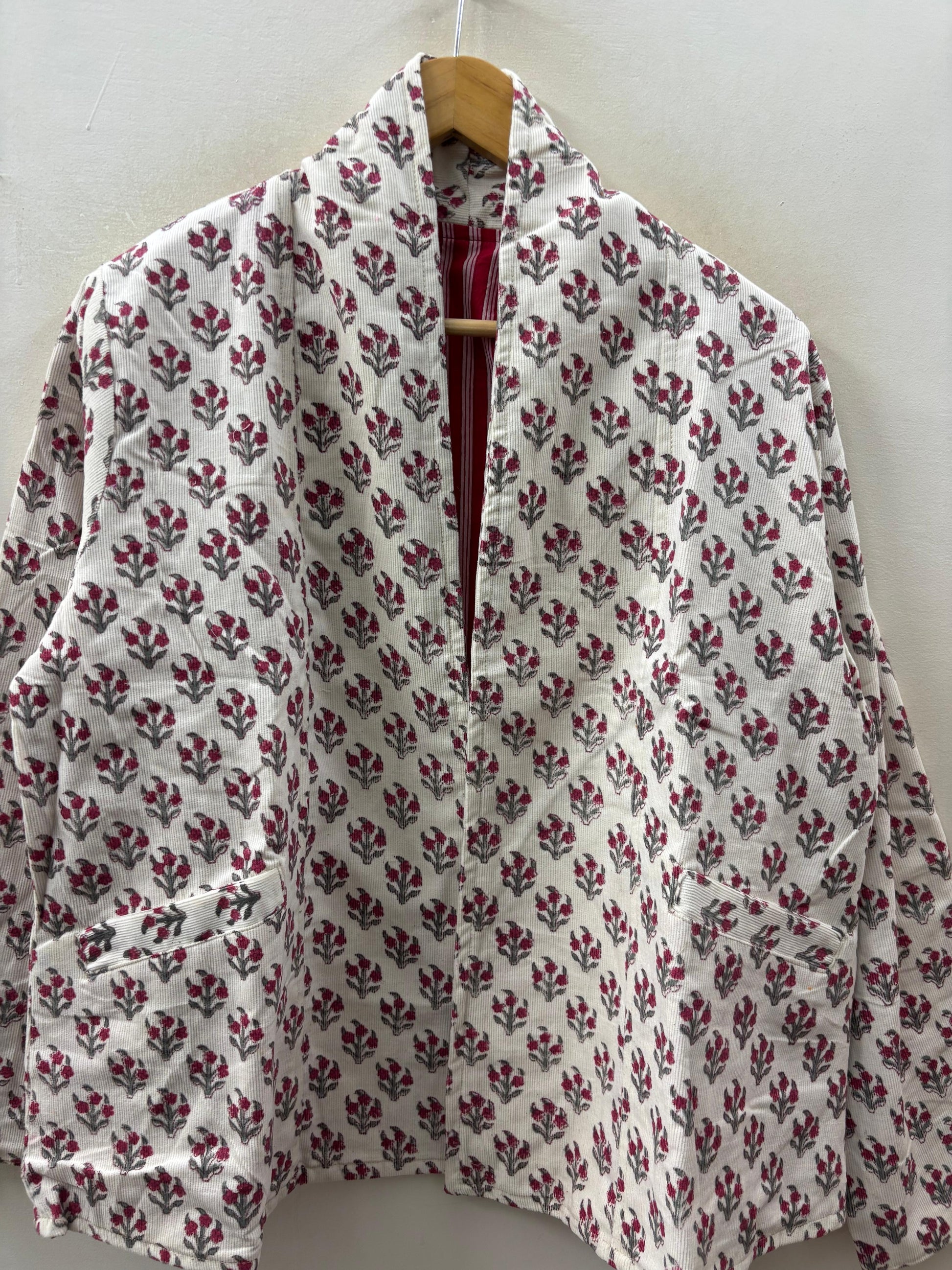 The Bagh — Hand-Embroidered Corduroy Jacket — Ivory with Ruby Florals - Default Title - Zoshak Jacket