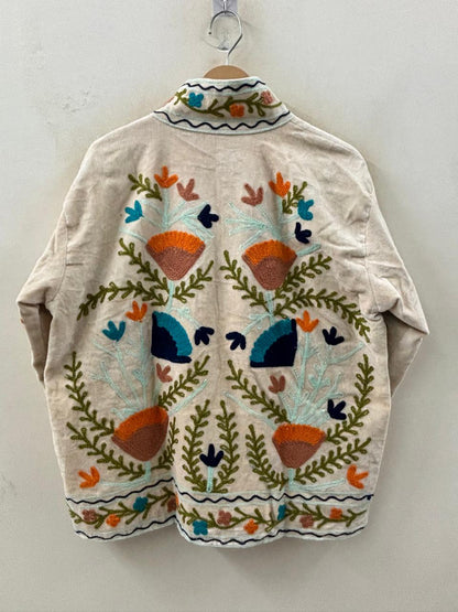 The Samarkand Bloom — Suzani Embroidered Velvet Jacket — Ivory with Terracotta & Teal