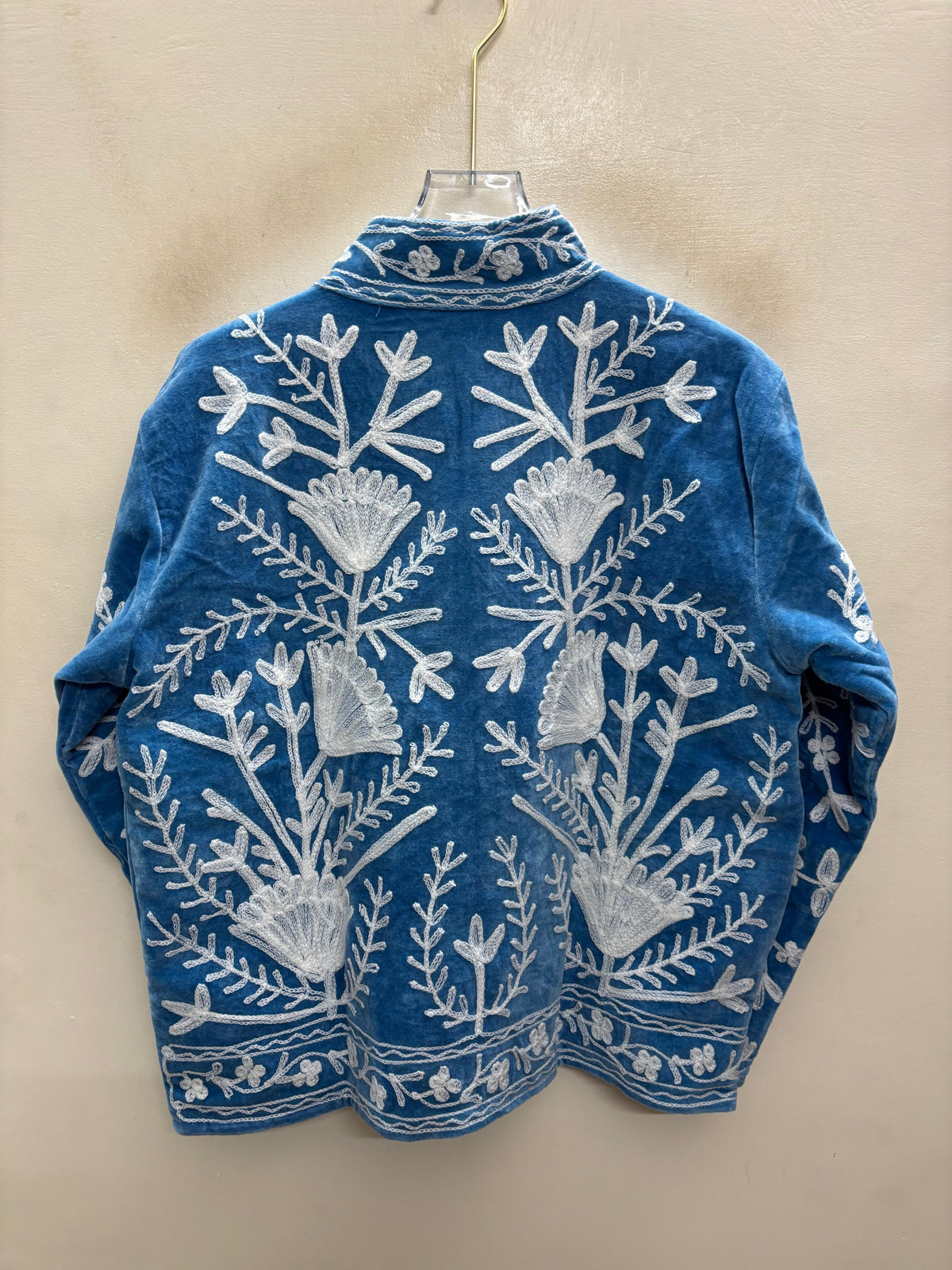 The Snowvine Thicket — Suzani Hand-Embroidered Velvet Jacket — Denim Blue with Ivory Floral Vinework