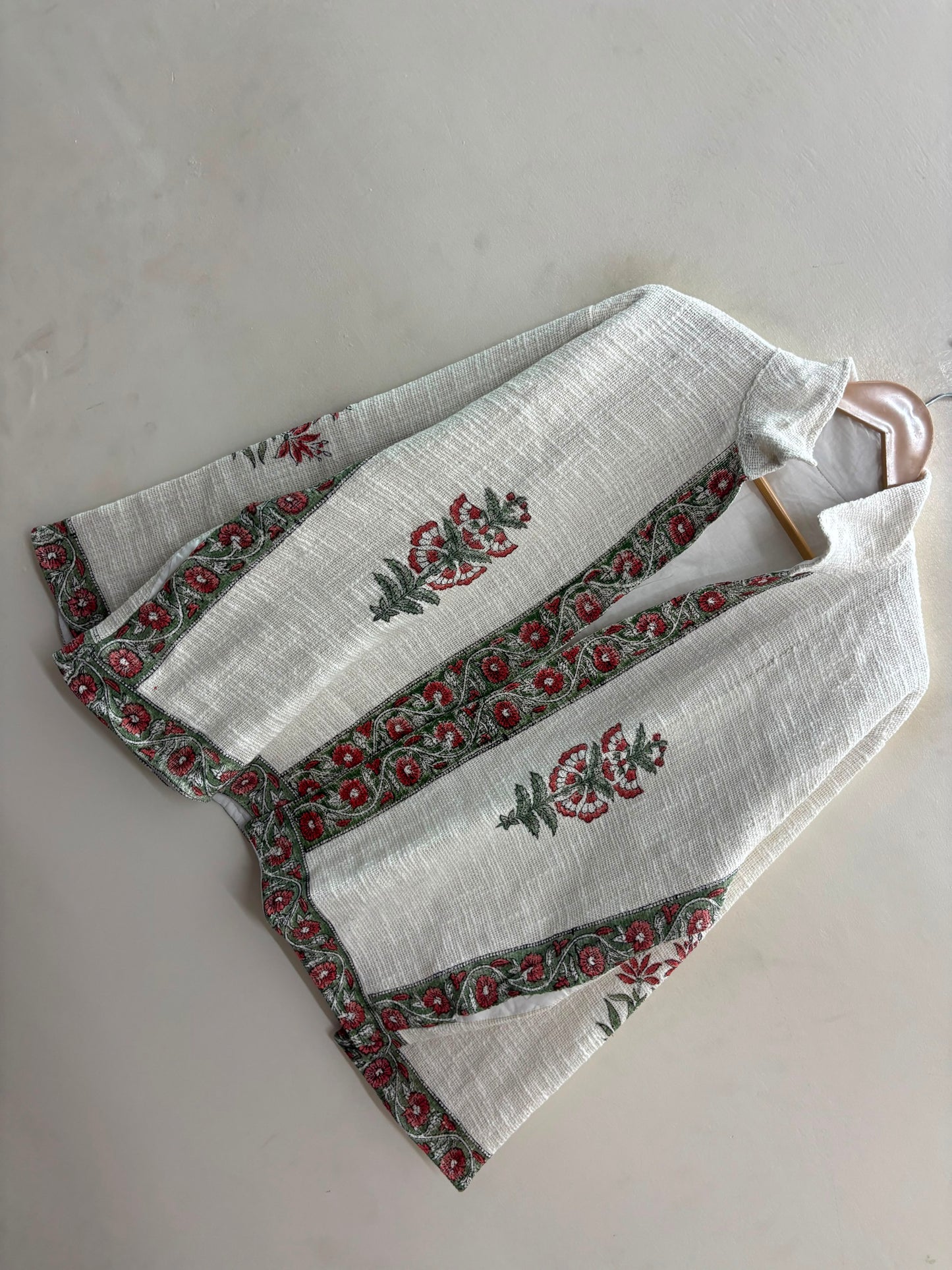 The Bagh-e-Gulab — Hand-Embroidered Cotton Jacket — Ivory with Rust Red & Sage Floral Trims