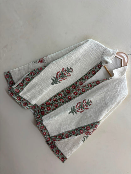 The Bagh-e-Gulab — Hand-Embroidered Cotton Jacket — Ivory with Rust Red & Sage Floral Trims