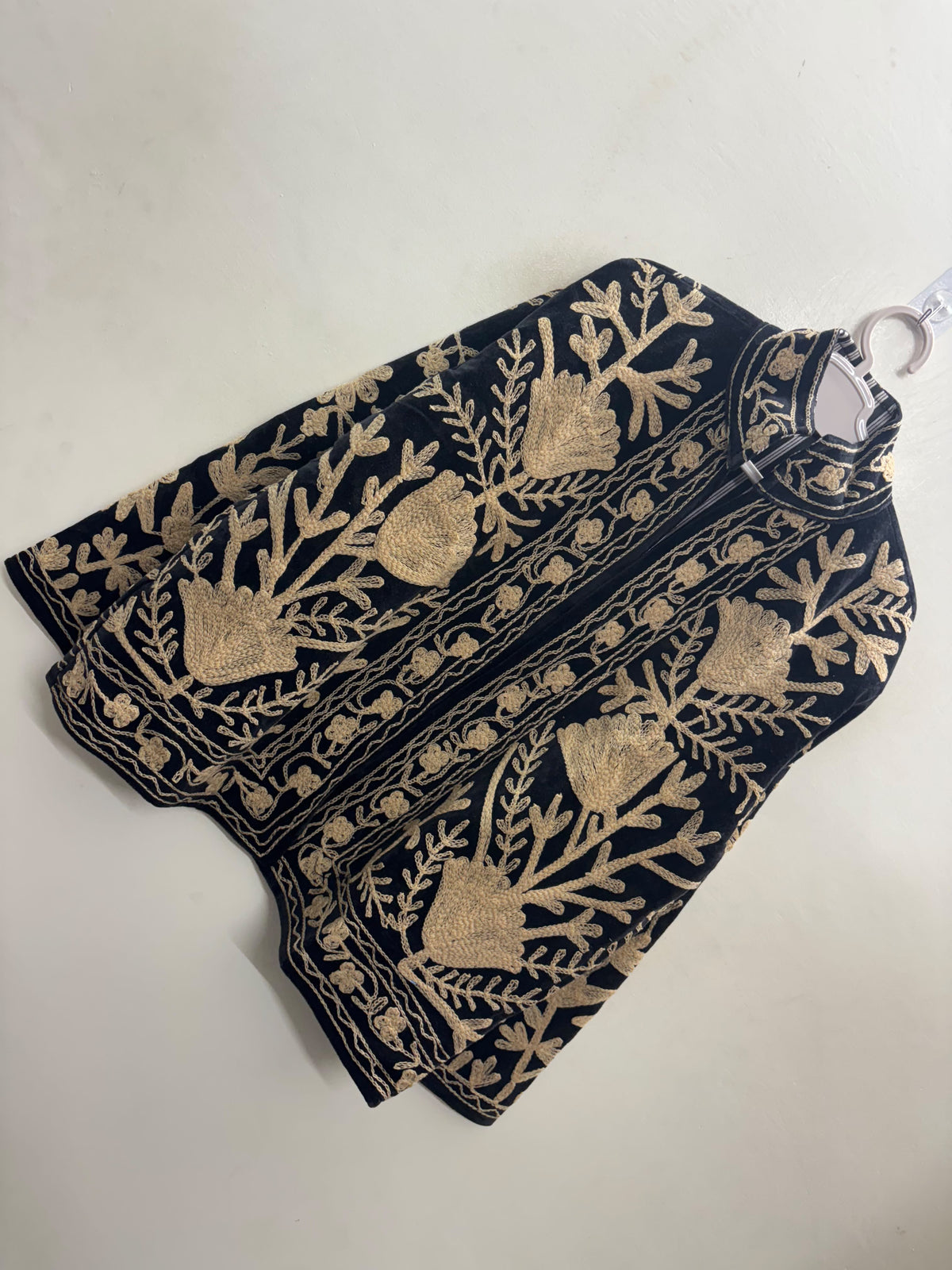 The Tilla Noir — Suzani Hand-Embroidered Velvet Jacket — Jet Black with Antique Gold Tulip & Vine Motifs