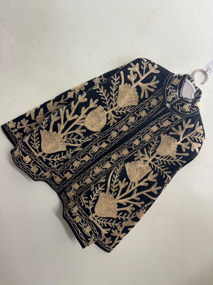 The Tilla Noir — Suzani Hand-Embroidered Velvet Jacket — Jet Black with Antique Gold Tulip & Vine Motifs
