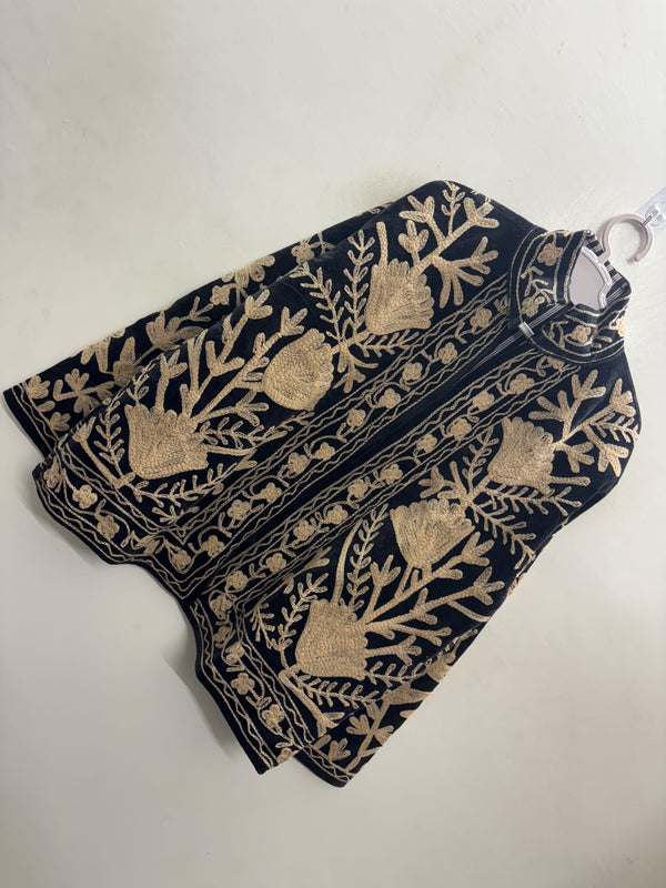 The Tilla Noir — Suzani Hand-Embroidered Velvet Jacket — Jet Black with Antique Gold Tulip & Vine Motifs