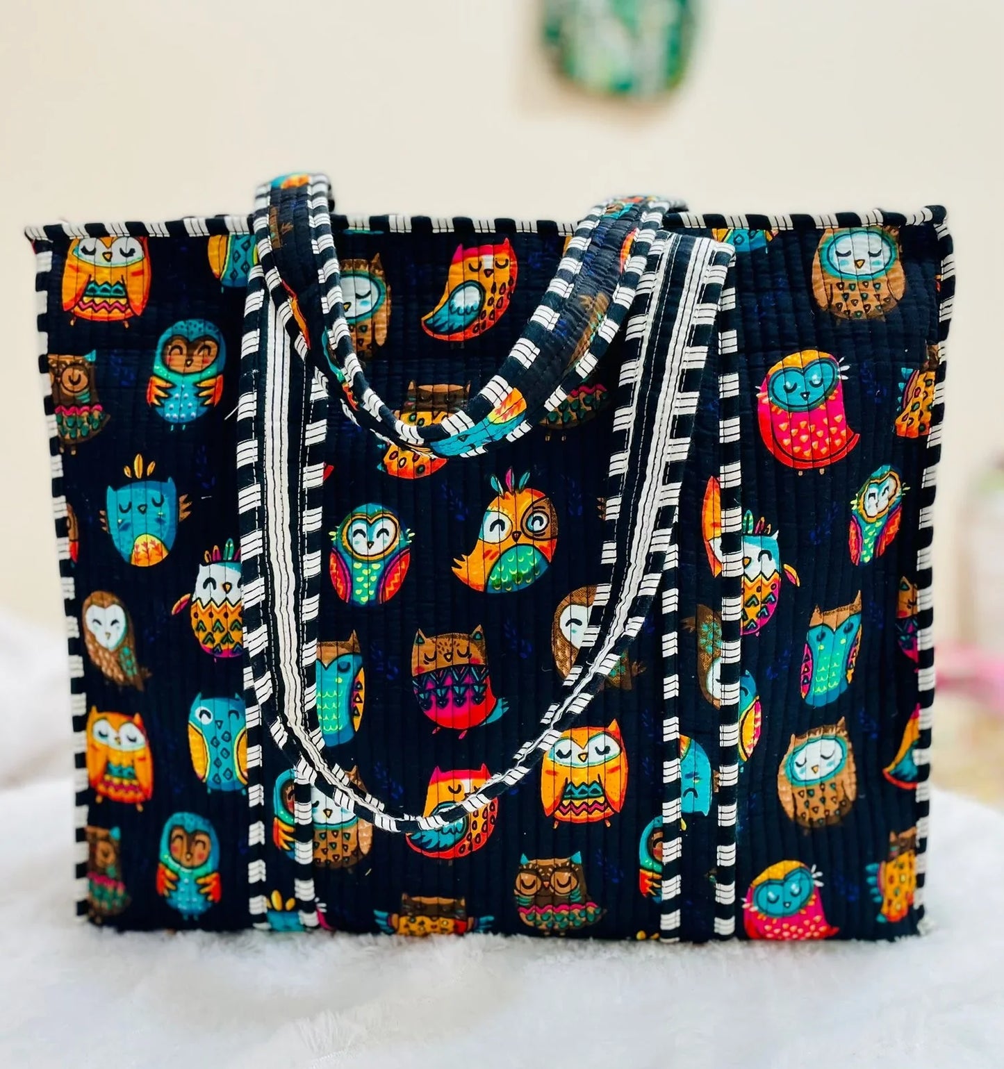 The Jaipur Tote - Colorful Owl Tote - Zoshak Hand-Block Print · Cotton Quilted