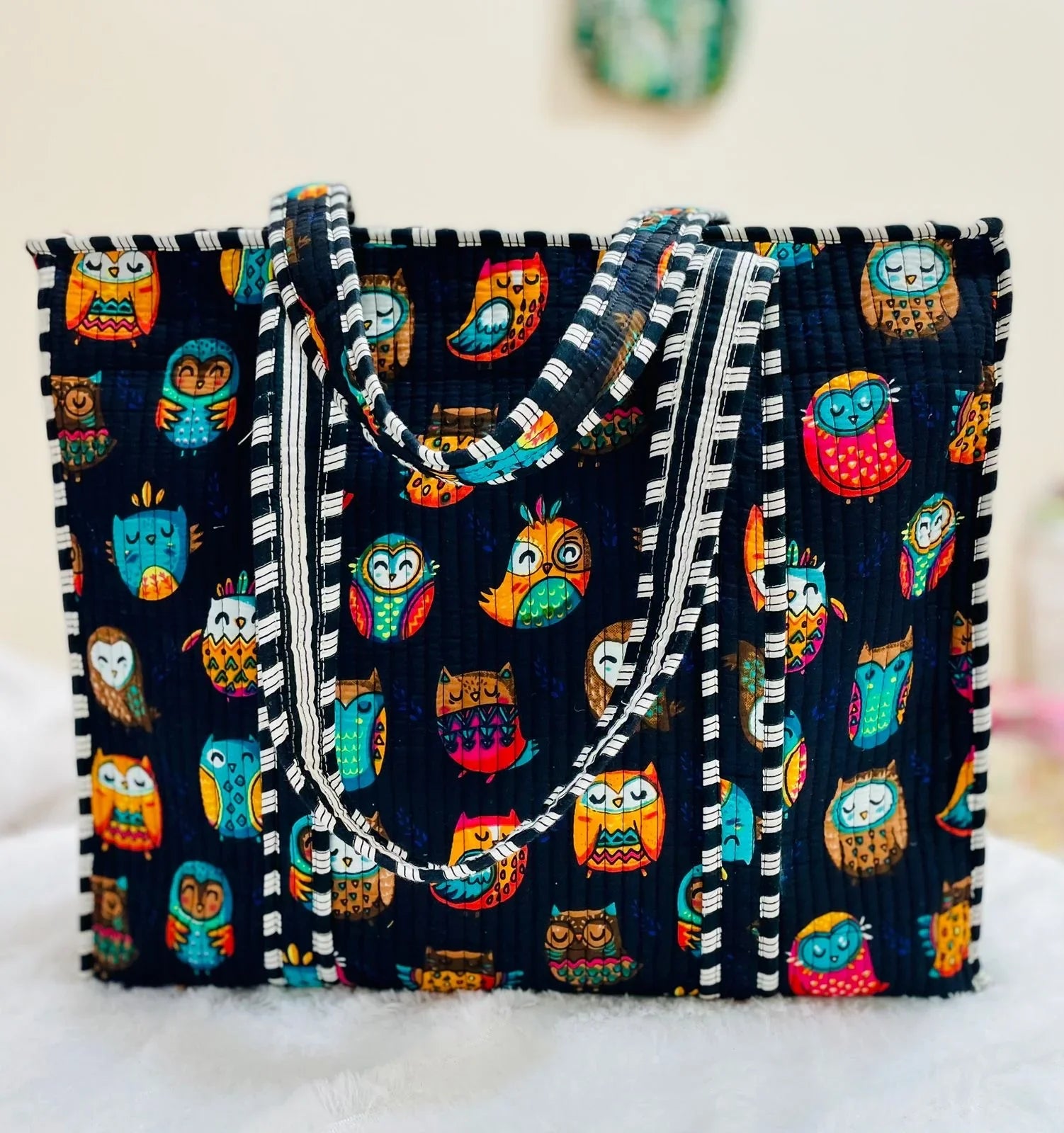 The Jaipur Tote - Colorful Owl Tote - Zoshak Hand-Block Print · Cotton Quilted