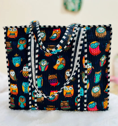 The Jaipur Tote - Colorful Owl Tote - Zoshak Hand-Block Print · Cotton Quilted