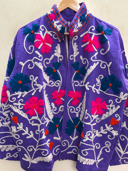 The Violet Suzani — Hand-Embroidered Cotton Jacket — Deep Purple with Fuchsia & Teal Florals