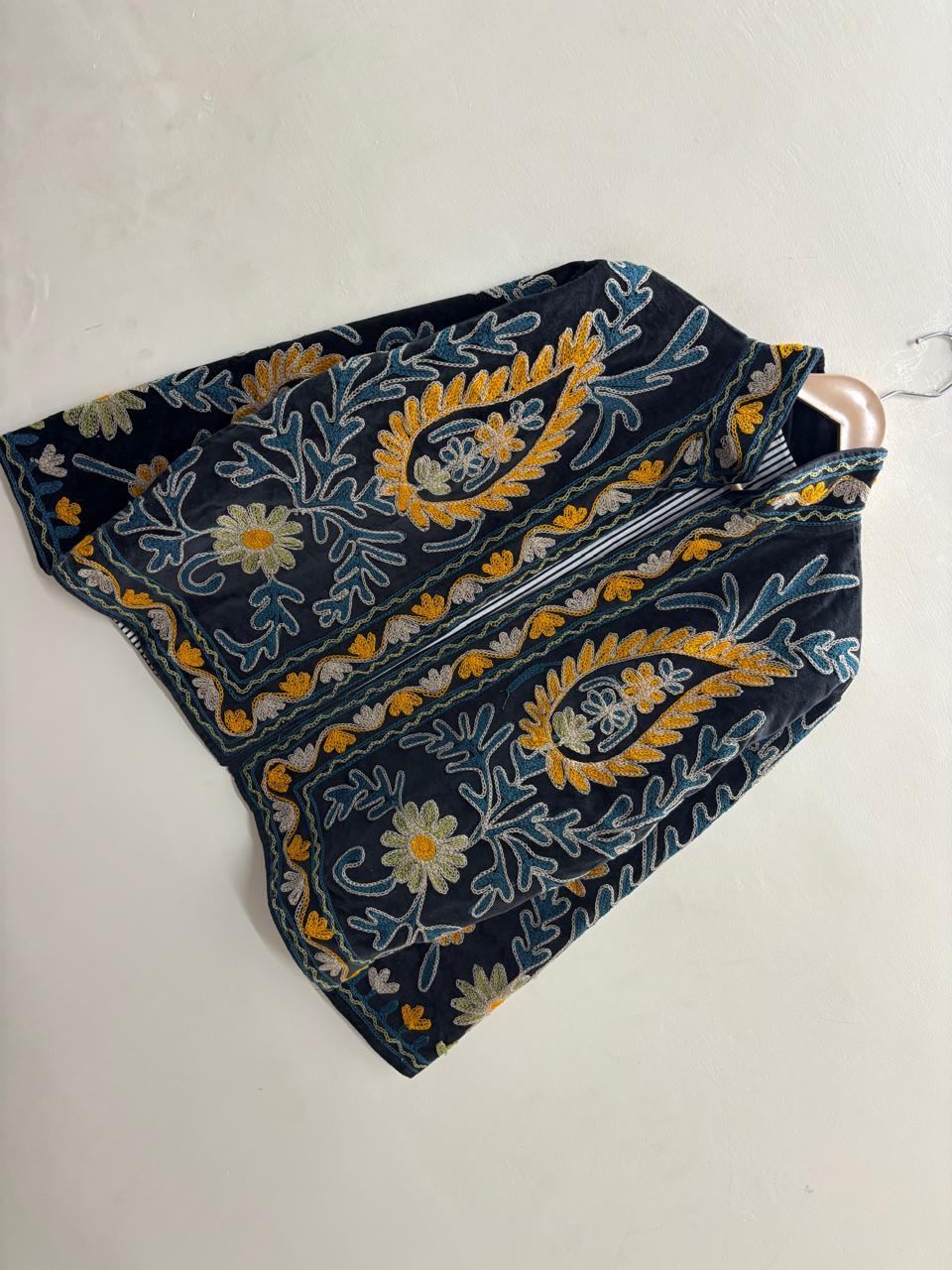The Samarkand Night — Suzani Velvet Jacket — Midnight Black with Saffron & Teal