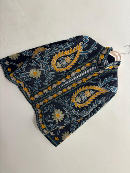 The Samarkand Night — Suzani Velvet Jacket — Midnight Black with Saffron & Teal
