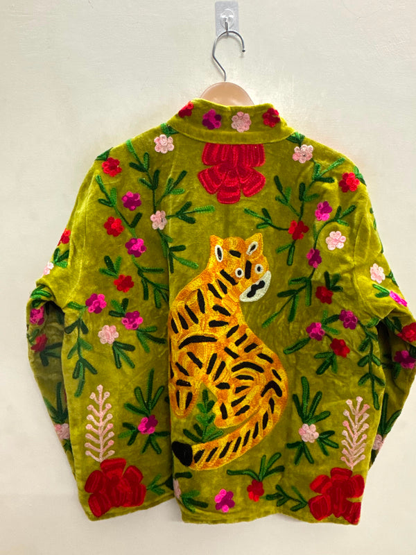 The Bagh Suzani — Hand-Embroidered Velvet Jacket — Moss Green with Tiger & Marigold Motifs